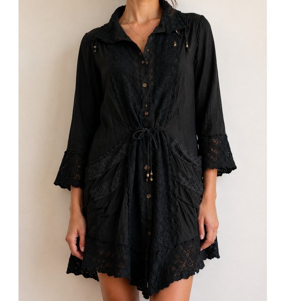 Vintage 90s/ y2K Parisline Black Linen Blend Lace Mini Dress Boho Romantic-Lg